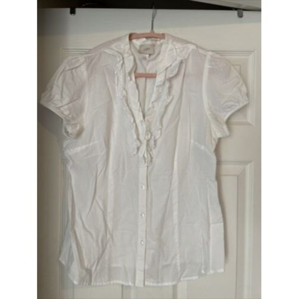 Loft Blouse Size 12 White Button Up Ruffle Detail Short Sleeve